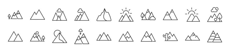 Set of line icons of mountain. Editable stroke. Simple outline sign for web sites, newspapers, articles book vector