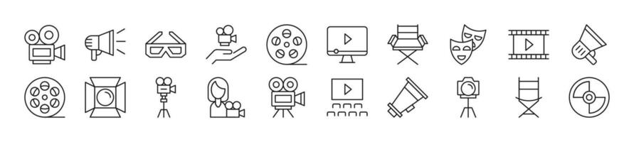Pack of linear symbols of movie. Editable stroke. Linear symbol for web sites, newspapers, articles book vector
