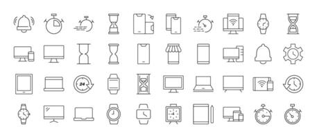 Collection of icons of timer, clock, computer, phone, smartwatch for Advertisement. Suitable for books, stores, shops. Editable stroke in minimalistic outline style. Symbol for design vector