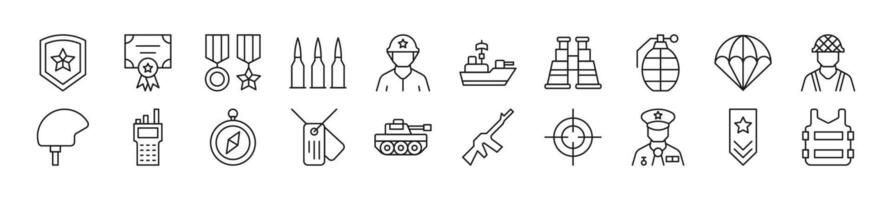 Pack of linear symbols of army. Editable stroke. Linear symbol for web sites, newspapers, articles book vector