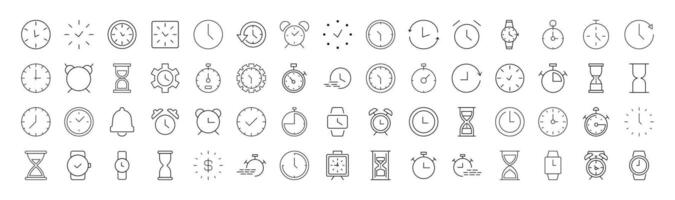 Collection of Icons of clock, alarm clock, hourglass. Suitable for books, stores, shops. Editable stroke in minimalistic outline style. Symbol for design vector