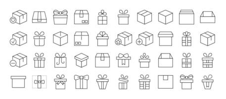 Collection of Line Signs of boxes and giftboxes as holiday and delivery symbols. Suitable for books, stores, shops. Editable stroke in minimalistic outline style. Symbol for design vector