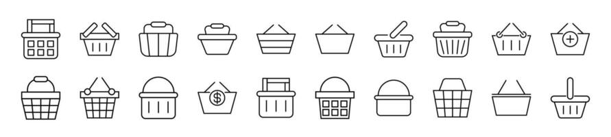 Collection of thin line icons of shopping baskets. Editable stroke. Simple linear illustration for web sites, newspapers, articles book vector