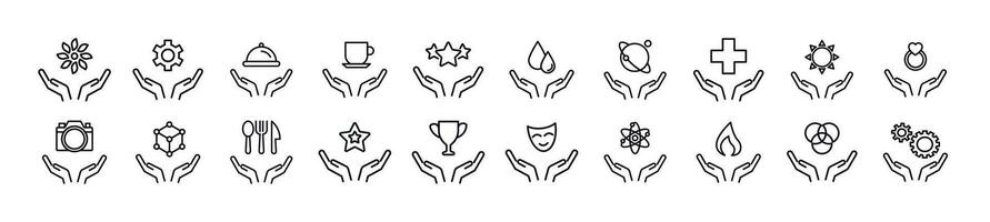 Collection of thin line icons of items over hands. Editable stroke. Simple linear illustration for web sites, newspapers, articles book vector