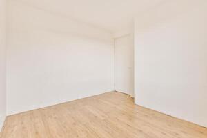 An empty room with a wooden floor and white walls photo