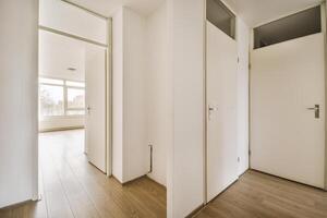 An empty room with wooden floors and white walls photo