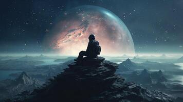 An astronaut sits on top of a mountain and looks into space against the backdrop of the planet video