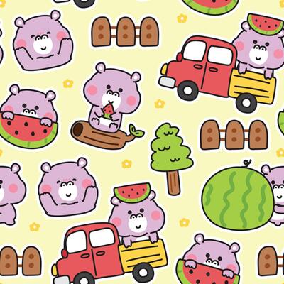 Seamless pattern of cute various poses hippopotamus background.Nature.Farm truck,watermelon,tree,flower,fence hand drawn.Mammal animal character cartoon design.Kawaii.Illustration.