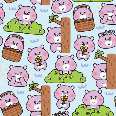 Seamless pattern of cute hippopotamus in various poses jungle concept background.Flower,tree,grass hand drawn.Wild mammals animal character cartoon design.Kawaii.Illustration.