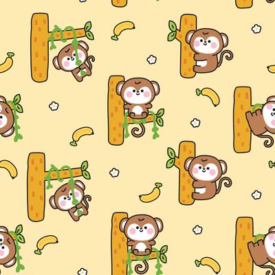 Seamless pattern of cute monkey in various poses stay on tree with flower and banana background.Nature.Jungle.Wild animal character cartoon design.Image for card,sticker,baby clothing.Kawaii.