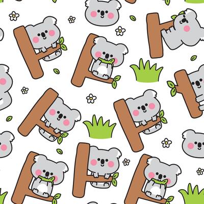 Seamless pattern of cute koala bear in various poses stay on tree white background.Jungle.Nature.Flower.Leaf.Grass.Wild mammals animal character cartoon design.Kawaii.Illustration.