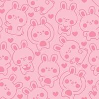 Seamless pattern of cute rabbit bunny in various feeling and poses with heart line hand drawn background.Emotional.Easter.Rodent animal character cartoon design.Kawaii.Illustration. vector