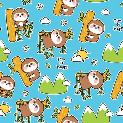Seamless pattern of cute sloth in various poses stay on tree with vine background.Nature.Flower,leaf,mountain,sun,cloud hand drawn.Wild animal character cartoon design.Kawaii.Illustration.
