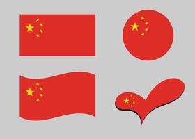 Flag of China. China flag in heart shape. China flag in circle shape. Country flag variations vector