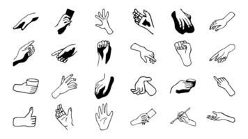 Hand drawn doodle set of illustration of palms, arms. Human hand. Pointer sign, gesture movements vector