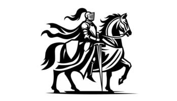 Black silhouette of a knight riding a horse, isolated on a white background. The detailed armor and sword add a sense of medieval heroism vector