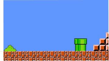 A classic pixel art game background featuring a blue sky, brown bricks, green pipe, and block structure. Perfect representation of old school gaming simplicity and charm vector