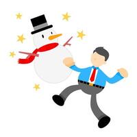 A cartoon man is trying to push a snowman vector