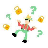 A man in a hat and green pants is surrounded by question marks vector