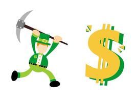 A leprechaun is holding a pickaxe and a dollar sign vector
