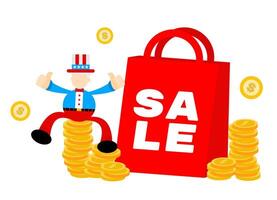 A man with a red bag and coins on top of it vector
