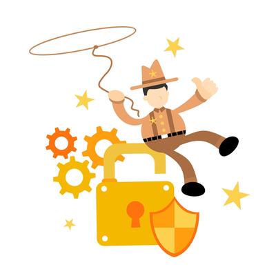 A cartoon man in a hat and hat is holding a lock
