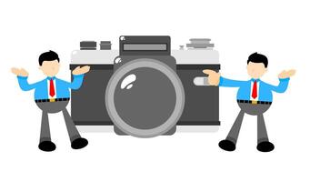 Two men in business attire are holding up a camera vector