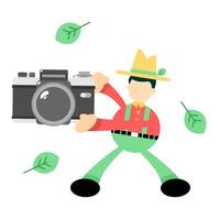 A man in a hat and green pants is holding a camera vector