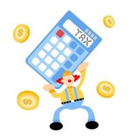 A cartoon clown holding a calculator and coins vector
