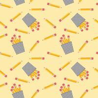 A pattern with pencils and pens on a yellow background vector