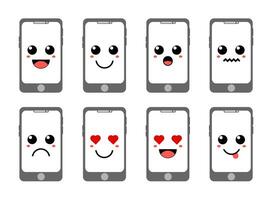 Set of six mobile phones with different emoticons vector