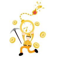 A cartoon miner running with a clock and money vector