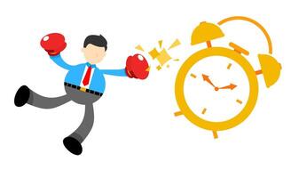 A cartoon man in a business suit is running towards an alarm clock vector