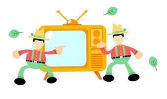 Two men in hats and green clothes are standing in front of a television vector