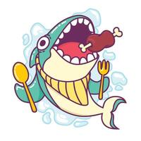 Shark with a fork and knife in its mouth vector