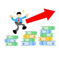 A man is jumping over stacks of money with an arrow pointing up vector