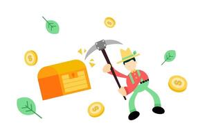 A cartoon man with a pickaxe and a chest full of money vector