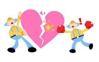 Two clowns are holding up a broken heart vector