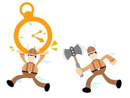 Two men with axes and a clock in front of them vector