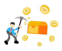 A cartoon man with a pickaxe is hitting a box with coins vector