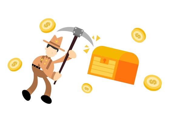 A cartoon miner with a pickaxe and a box of coins