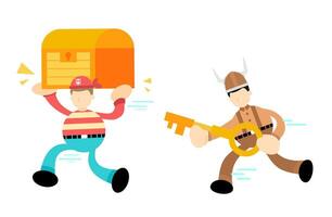 Two cartoon men carrying a box and a key vector