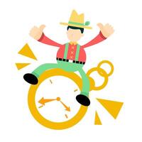 A man in a hat and green pants is sitting on a clock vector