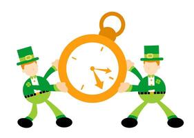 Two men in green hats holding a clock vector