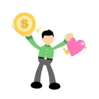 Man holding up a coin and a heart vector