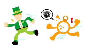 A cartoon man running with a clock and a leprechaun vector