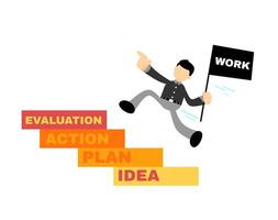 A man is running up a ladder with the words work, action plan and idea vector