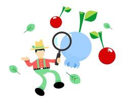 A man is holding a magnifying glass and looking at a blueberry vector