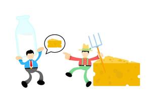 Two men are standing next to a cheese and a milk bottle vector