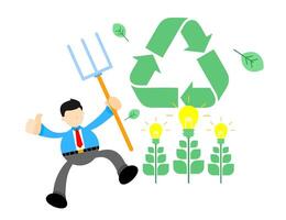 A man holding a pitchfork and a light bulb vector